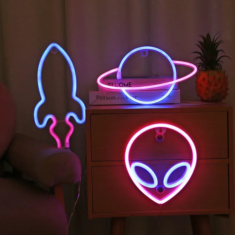 Planet LED Lights Neon Light Sign Bedroom Decor Rocket Alien Neon Night Lamp for Rooms Wall Art Bar Party USB or Battery Powered